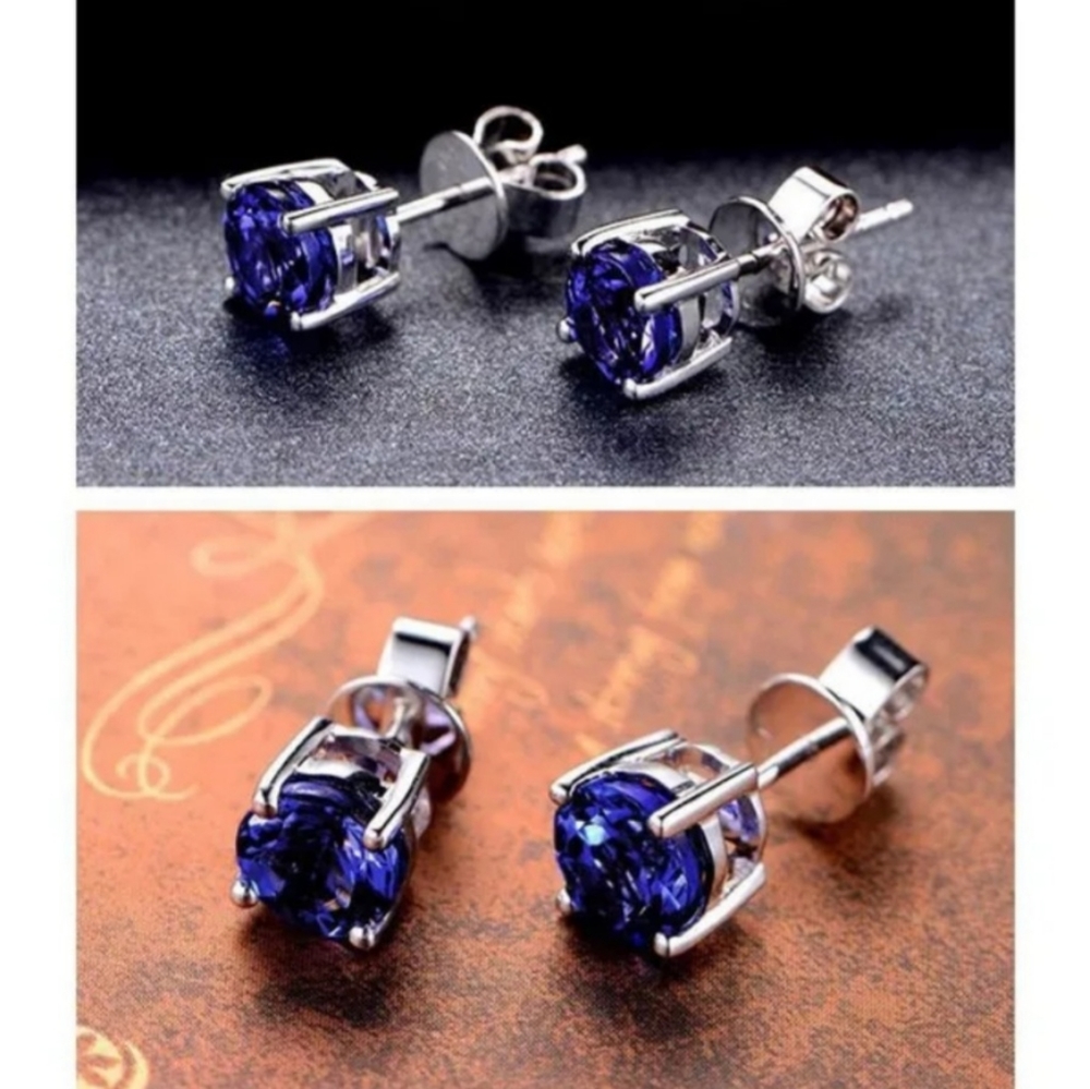 New Blue Sapphire One Carat Stud Earrings - Picture 3 of 3